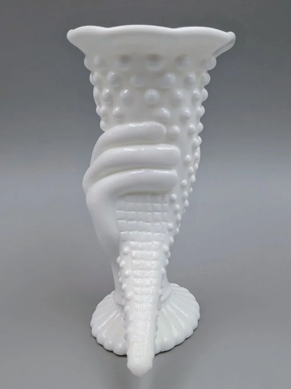 Fenton Hobnail Milk Glass Hand Cornucopia Vase – Vintage Art Glass Bud Holder